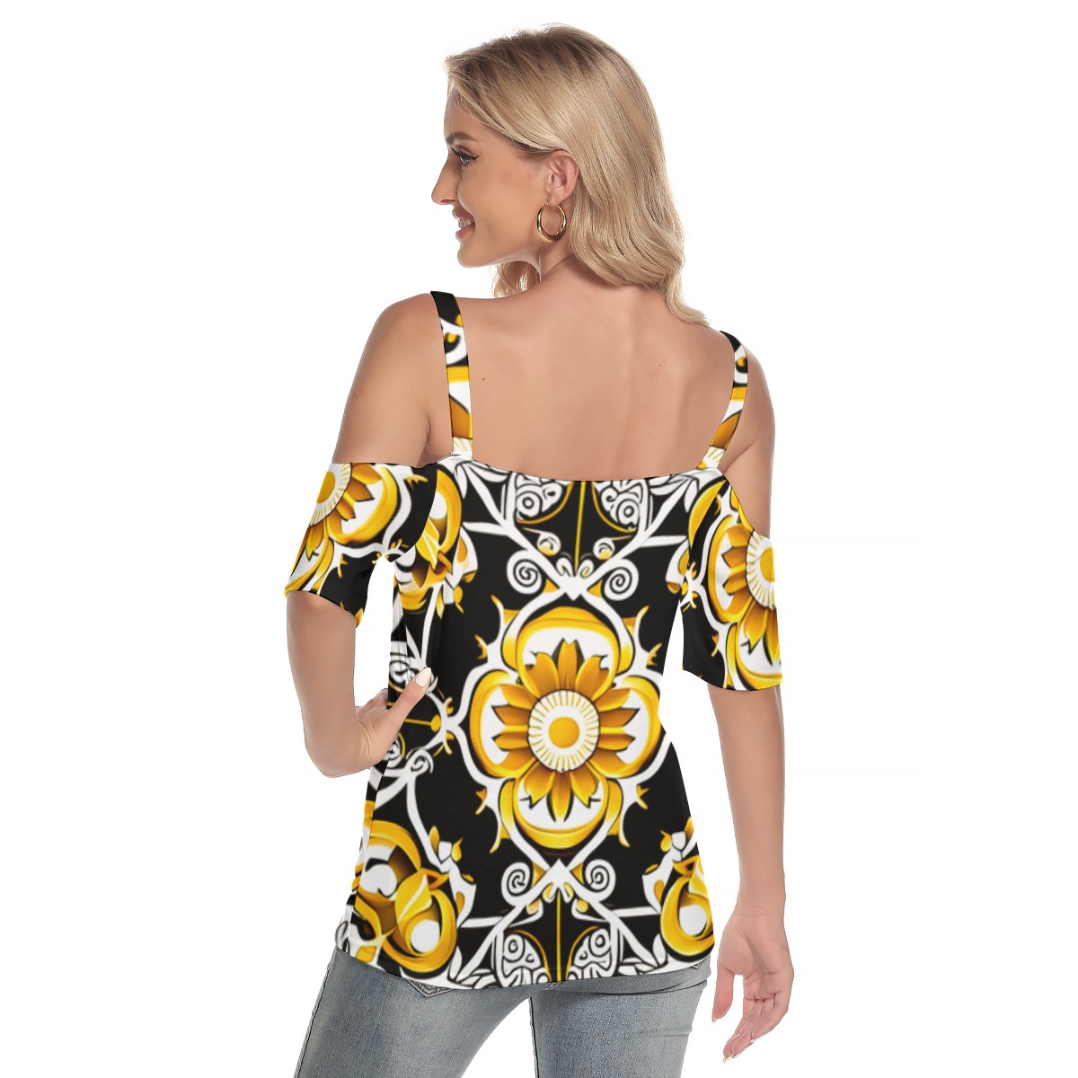 FullbreedCustom Print Women's Cold Shoulder T-shirt With Criss Cross Strips - Image 4