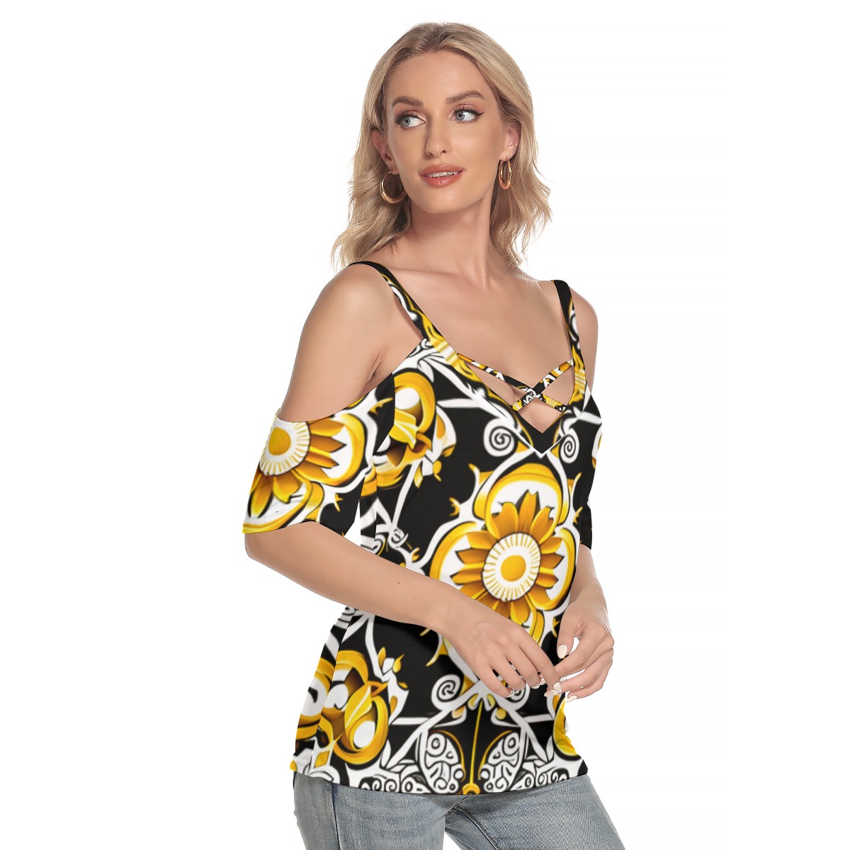 FullbreedCustom Print Women's Cold Shoulder T-shirt With Criss Cross Strips - Image 3