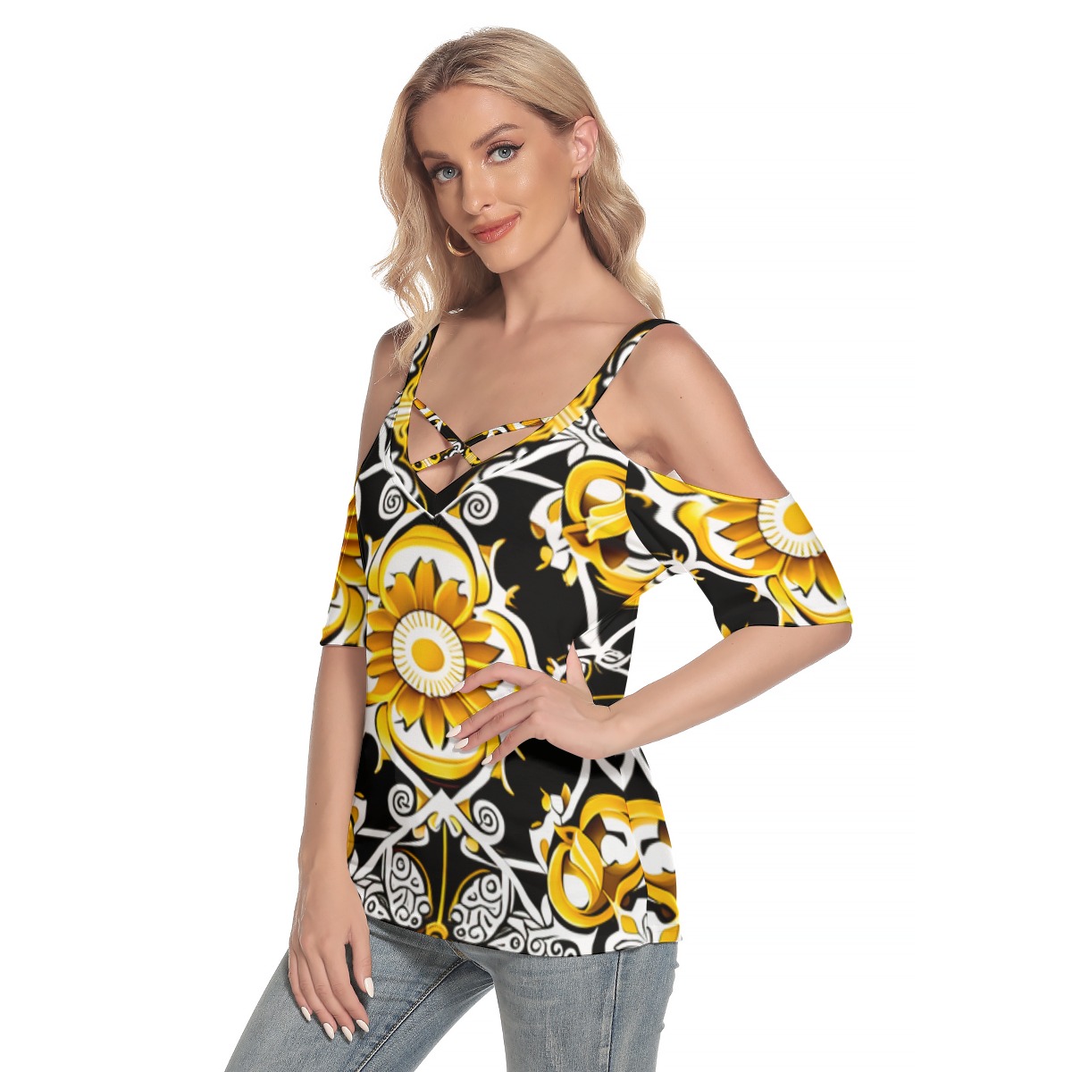 FullbreedCustom Print Women's Cold Shoulder T-shirt With Criss Cross Strips