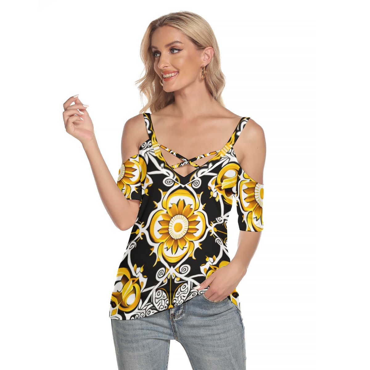 FullbreedCustom Print Women's Cold Shoulder T-shirt With Criss Cross Strips - Image 2