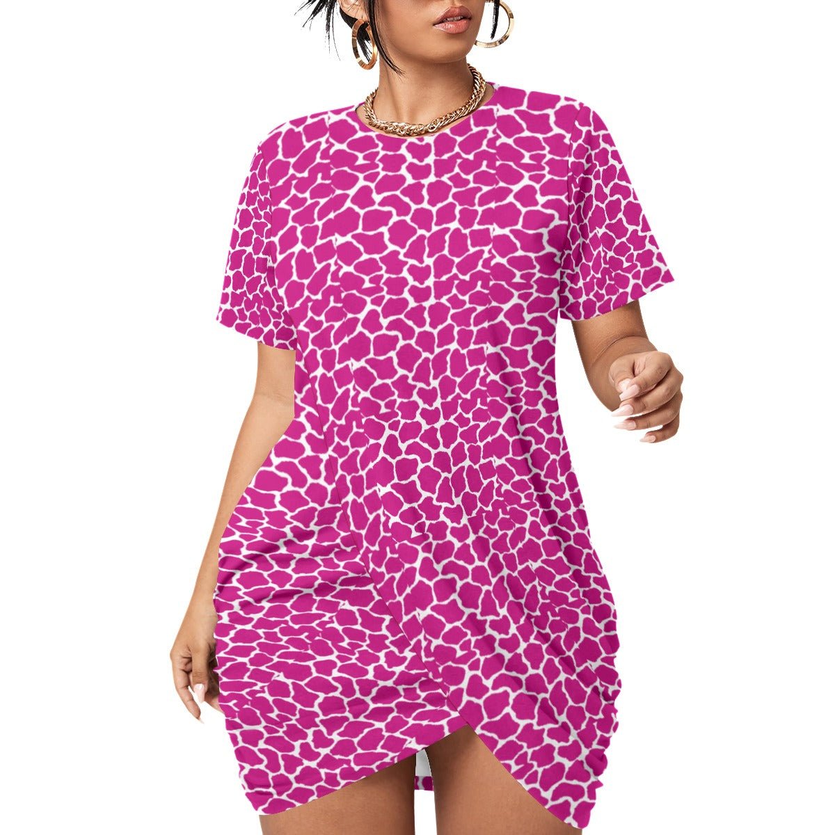 All-Over Print Women’s Stacked Hem Dress With Short Sleeve(Plus Size)