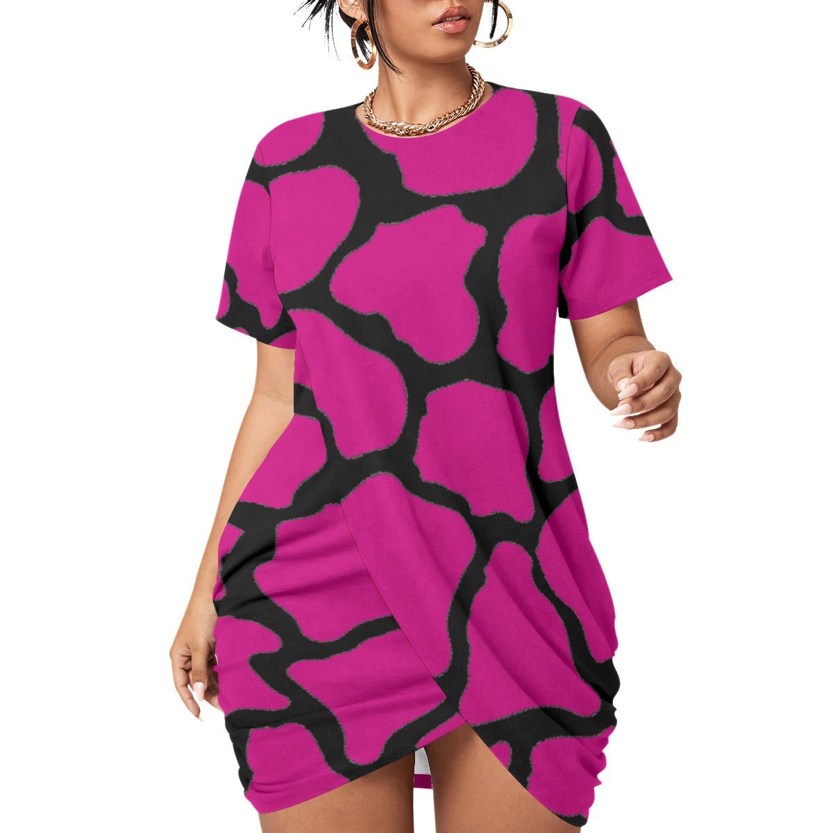 All-Over Print Women’s Stacked Hem Dress With Short Sleeve(Plus Size)