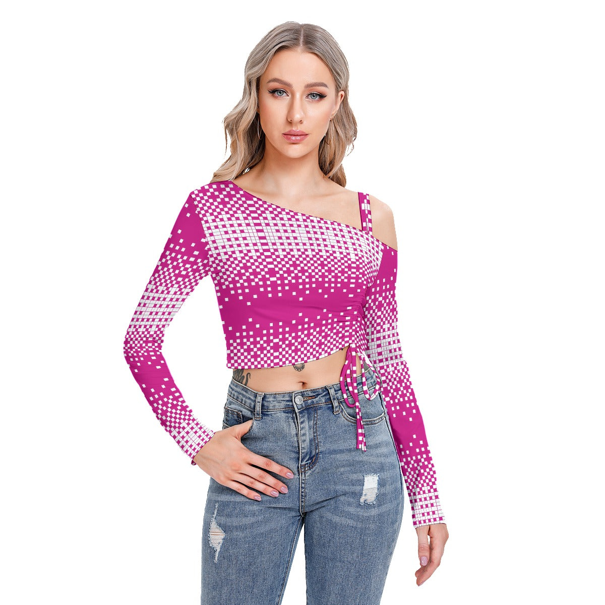 All-Over Print Women's One-shoulder Blouse With Drawstring