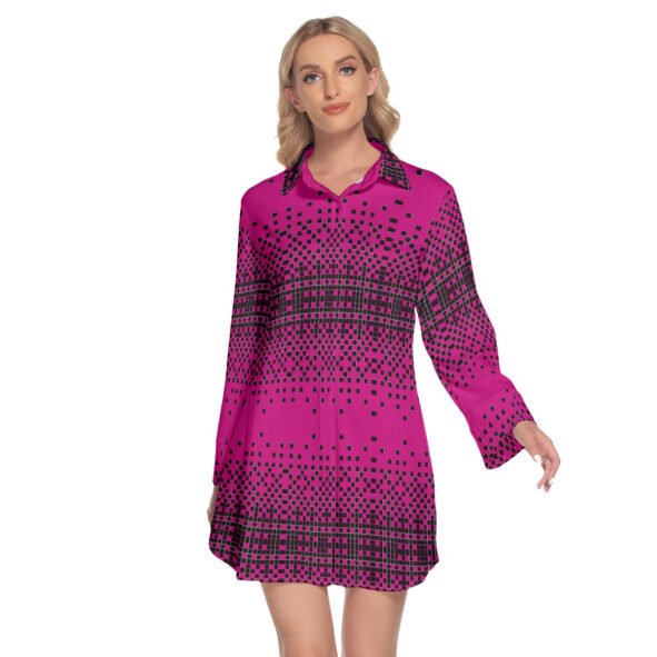 All-Over Print Women's Lapel Shirt Dress With Long Sleeve