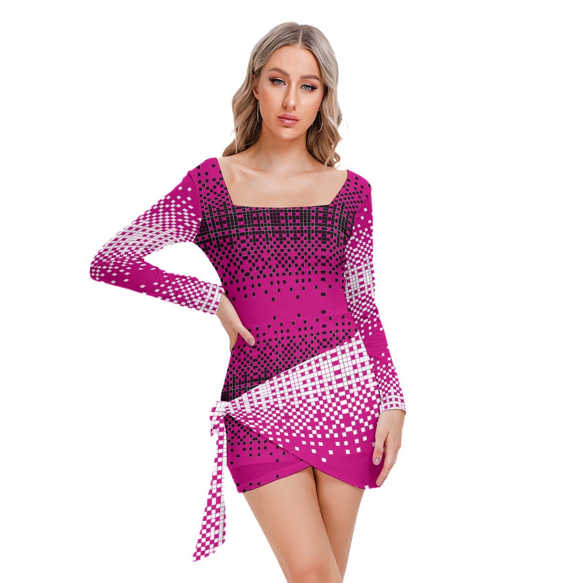 All-Over Print Women’s Square Collar Dress With Long Sleeve