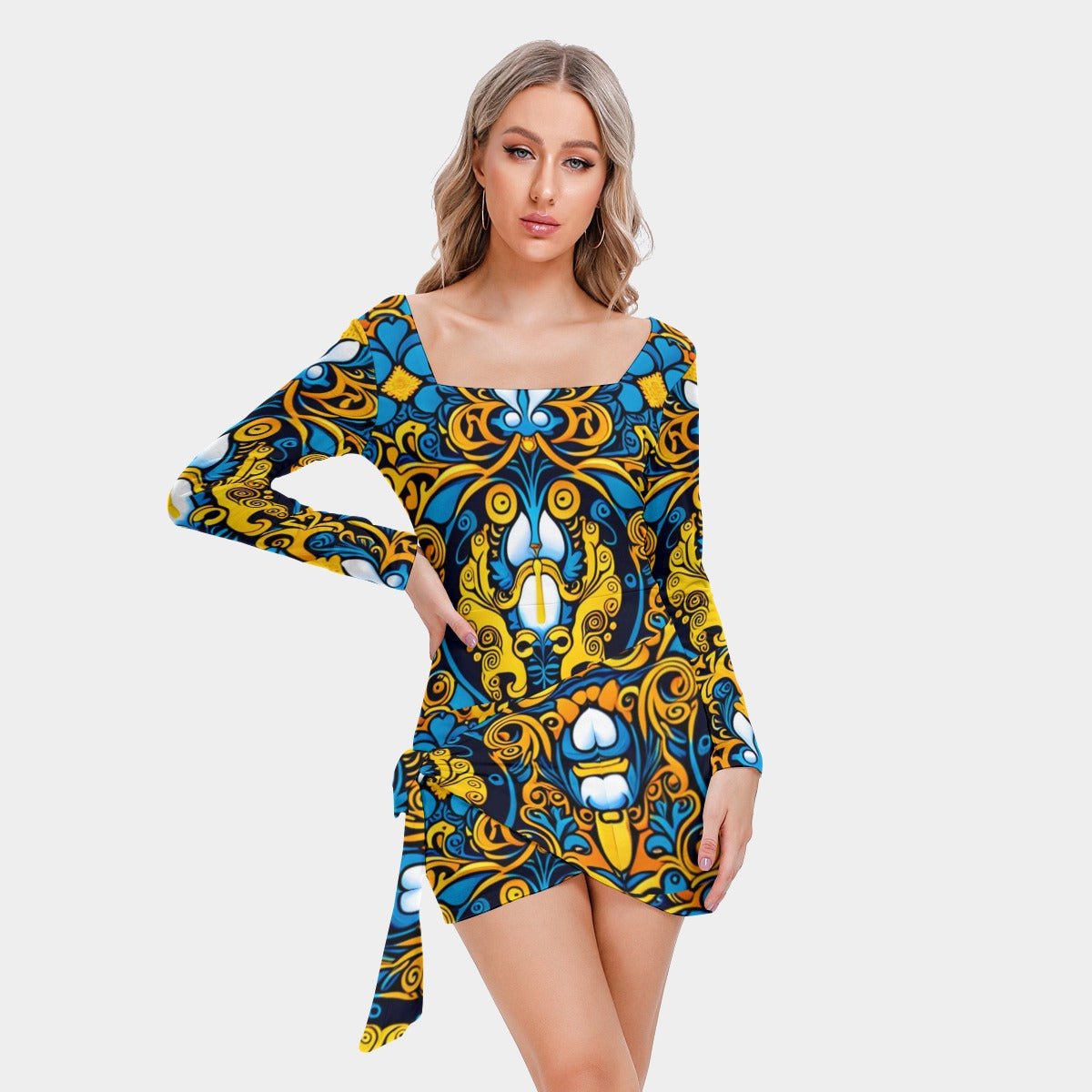 All-Over Print Women’s Square Collar Dress With Long Sleeve