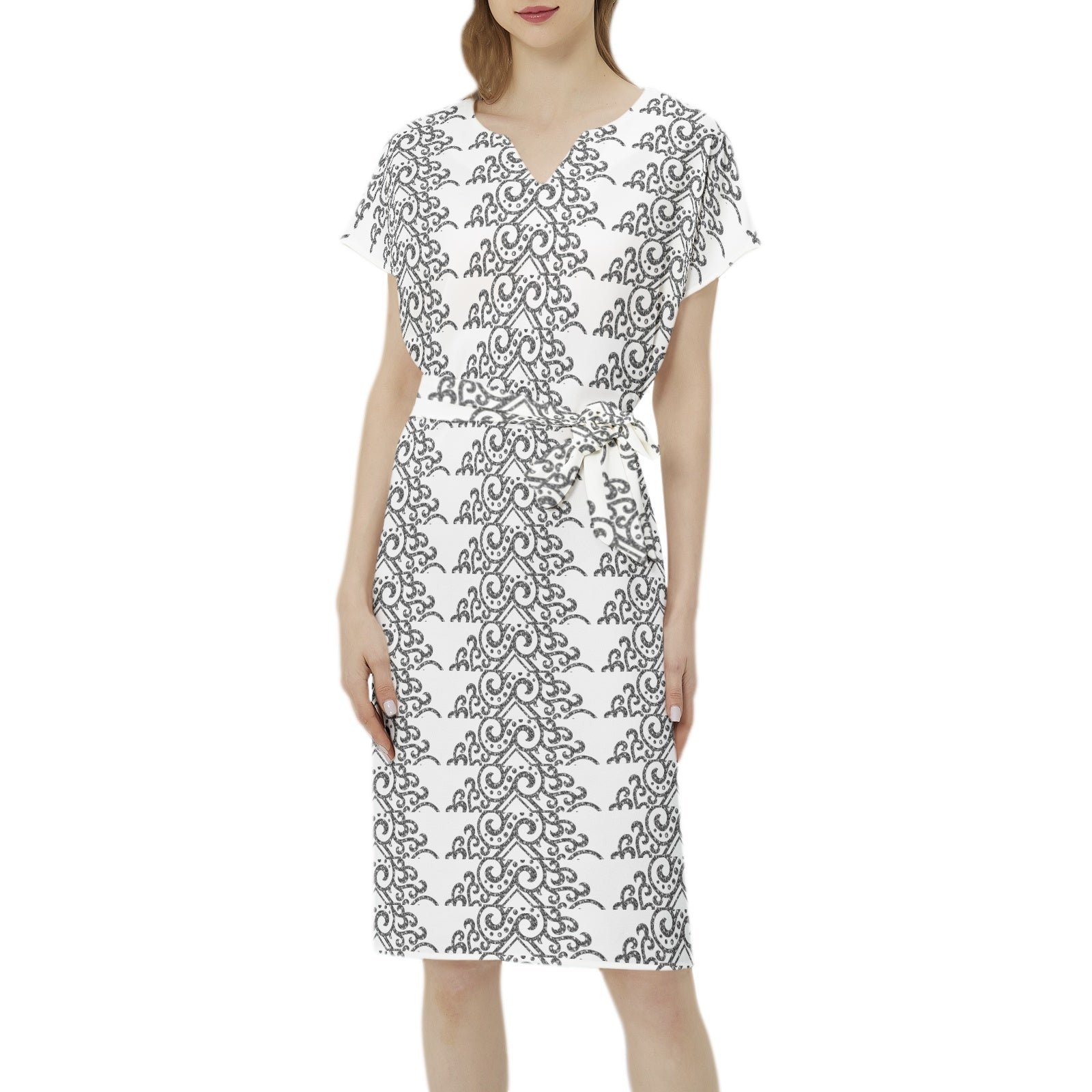 Betwing Seleeve Notch Neck Casual Dress with Belt