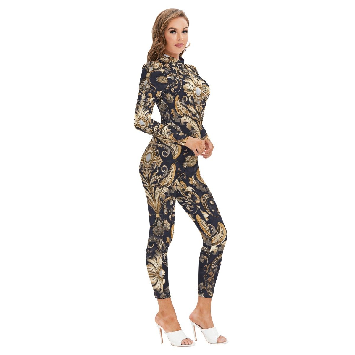 fullbreedcustom Print Women's Long-sleeved High-neck Jumpsuit With Zipper - Image 3