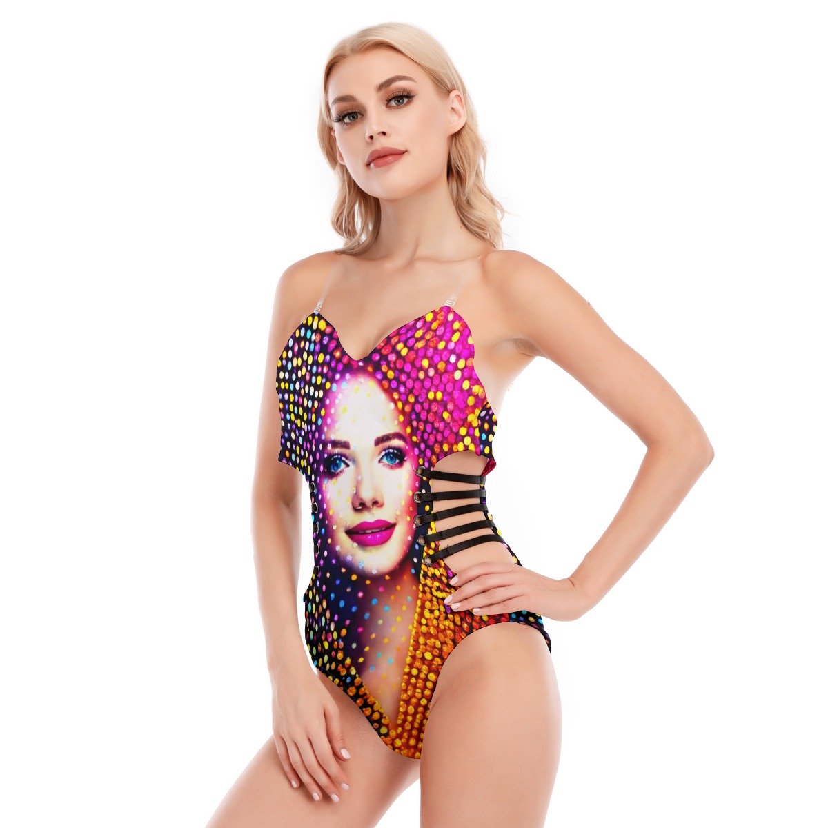 All-Over Print Women's Tube Top Bodysuit With Side Black Straps - Image 3