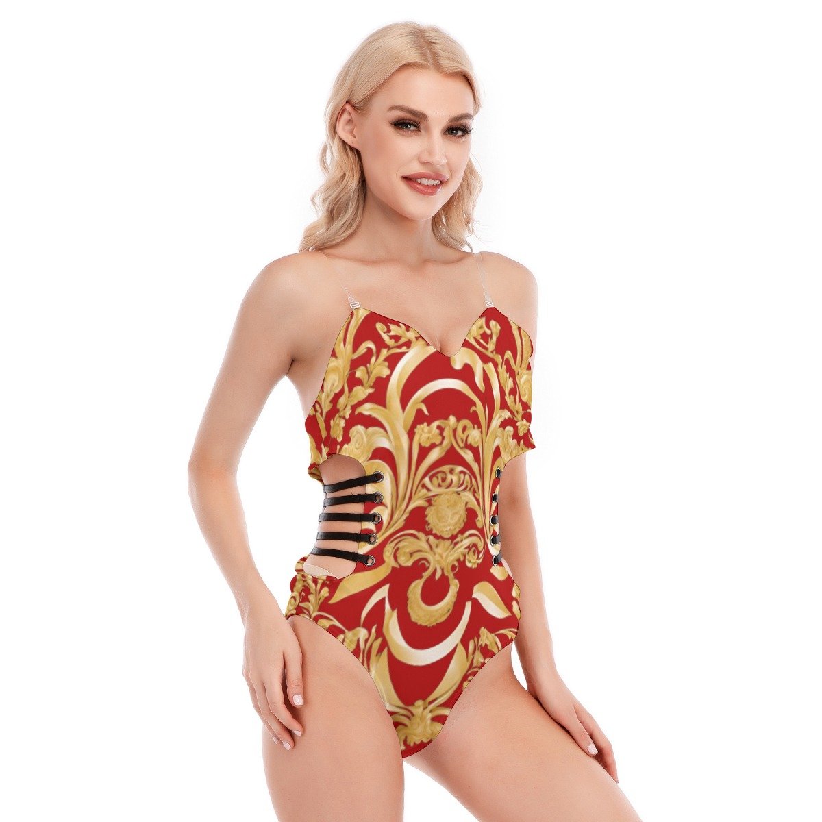fullbreedcustom Print Women's Tube Top Bodysuit With Side Black Straps - Image 2