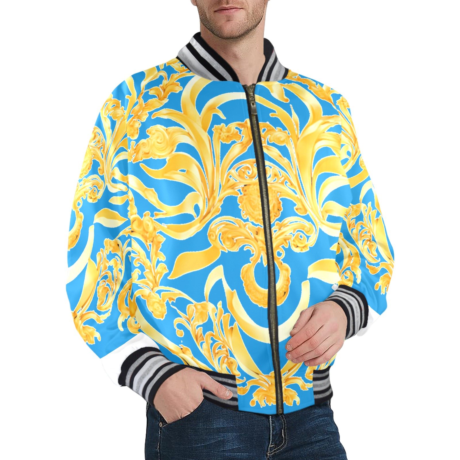 fullbreedcustom New Men's Striped Trim Bomber Jacket - Image 2