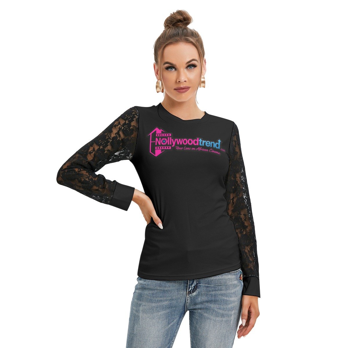 Nollywoodtrend Print Women's T-shirt And Sleeve With Black Lace - Image 2