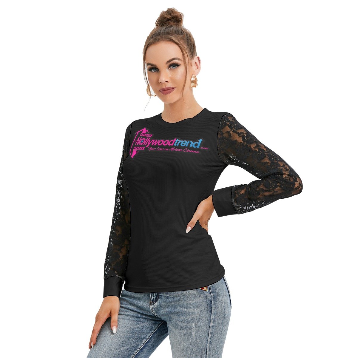 Nollywoodtrend Print Women's T-shirt And Sleeve With Black Lace - Image 3