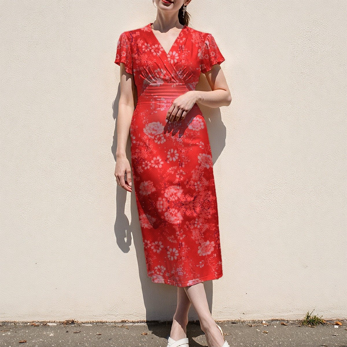 FullbreedCustom Print Women's V-Neck Flutter Sleeve Midi Dress