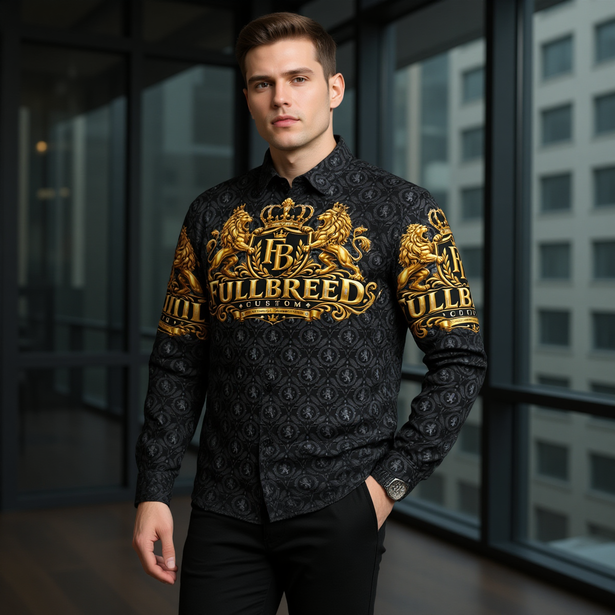 FullbreedCustom Print Men's Business Long Sleeve Pocket Shirt|115GSM Cotton poplin - Image 4