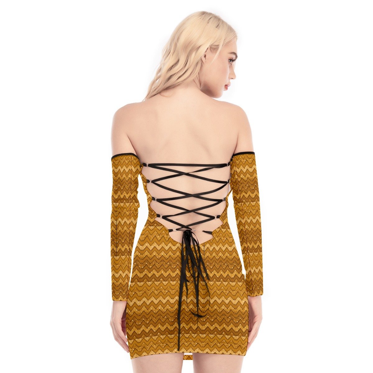 All-Over Print Women's Off-shoulder Back Lace-up Dress - Image 3