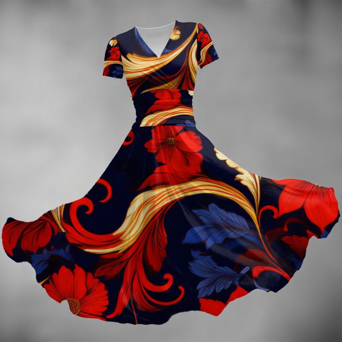 All-over Print Women's Short Sleeve V Neck Midi Dress - Image 2