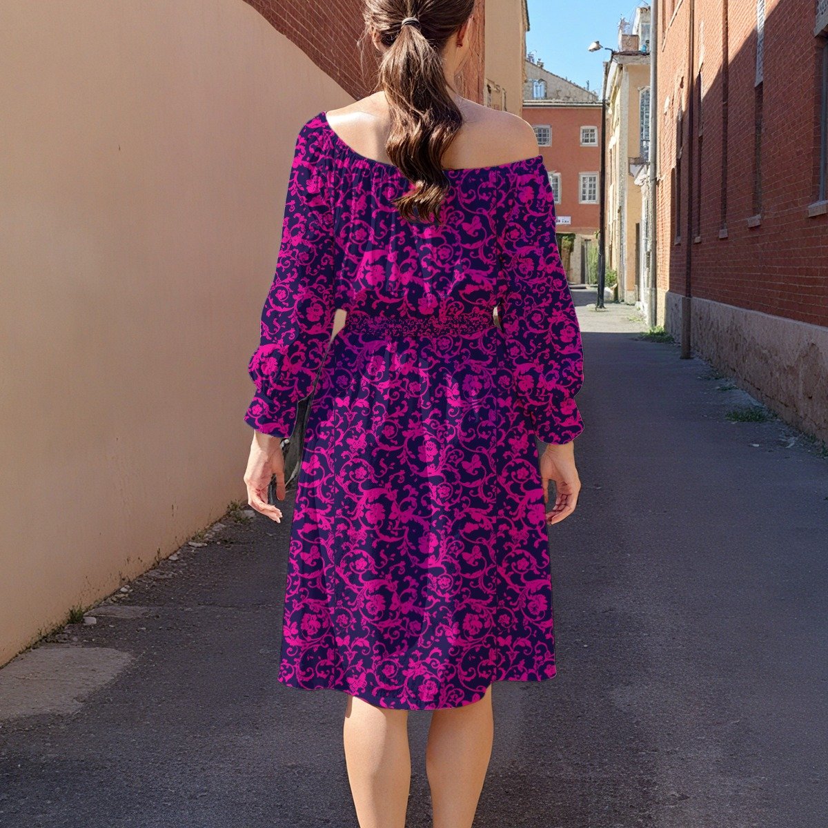 All-Over Print Women's Off-Shoulder Dress With Belt - Image 2