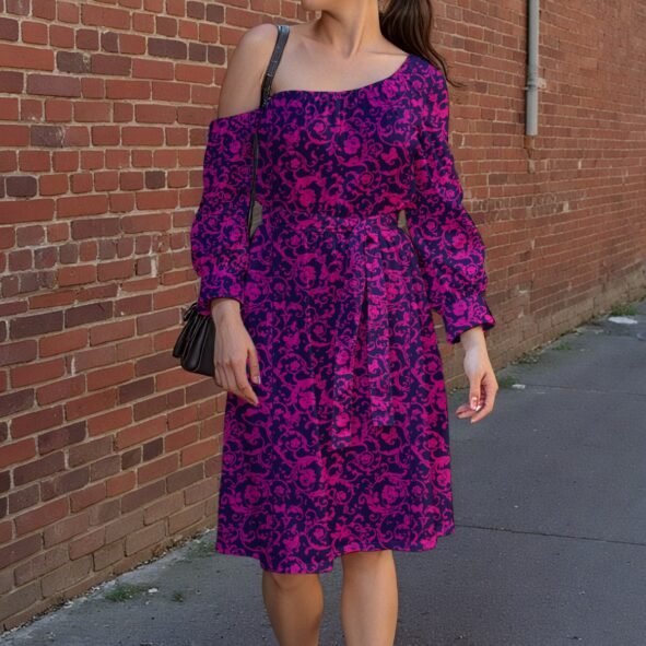 All-Over Print Women's Off-Shoulder Dress With Belt