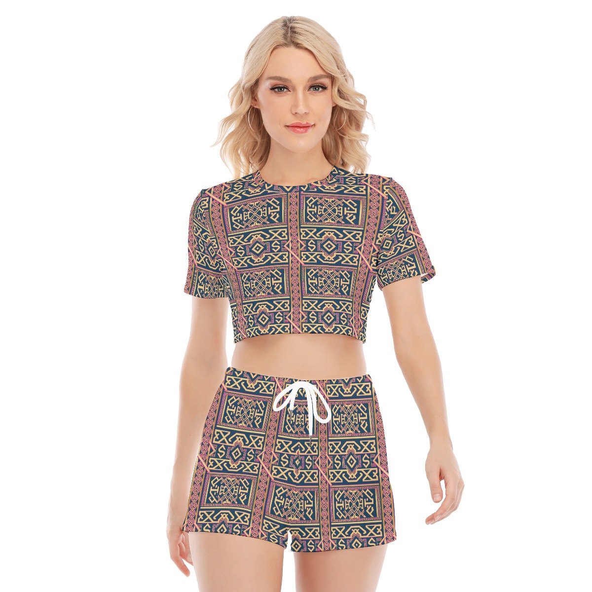 All-Over Print Women's O-neck T-shirt Shorts Suit - Image 4