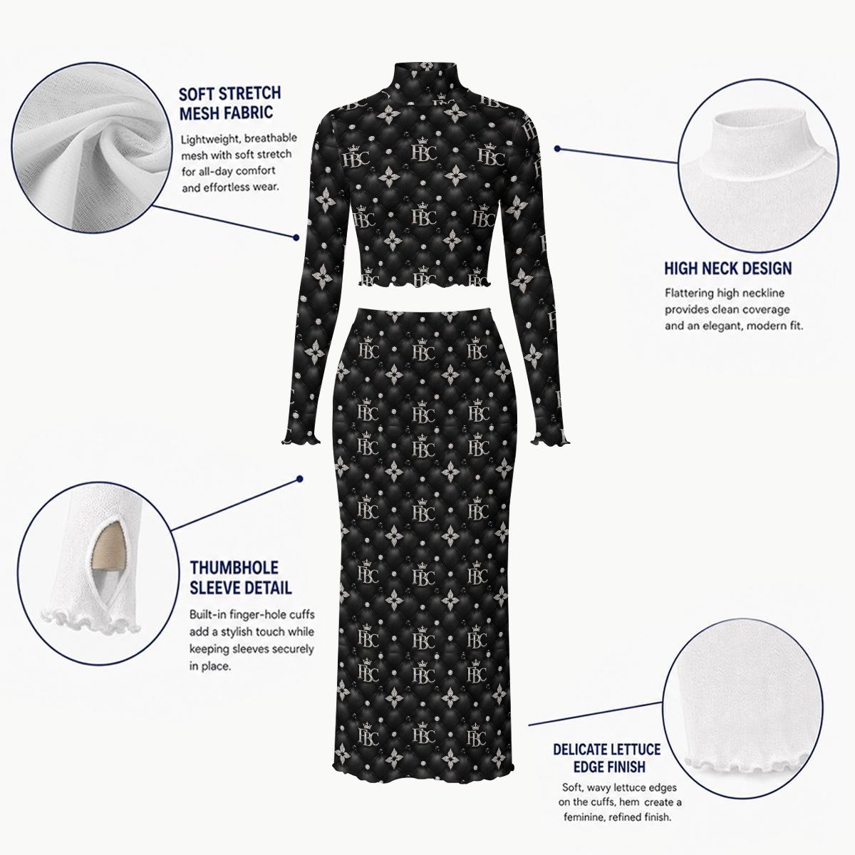 FullbreedCustom Print Women's High Neck Skirt Set With Thumb Hole - Image 7