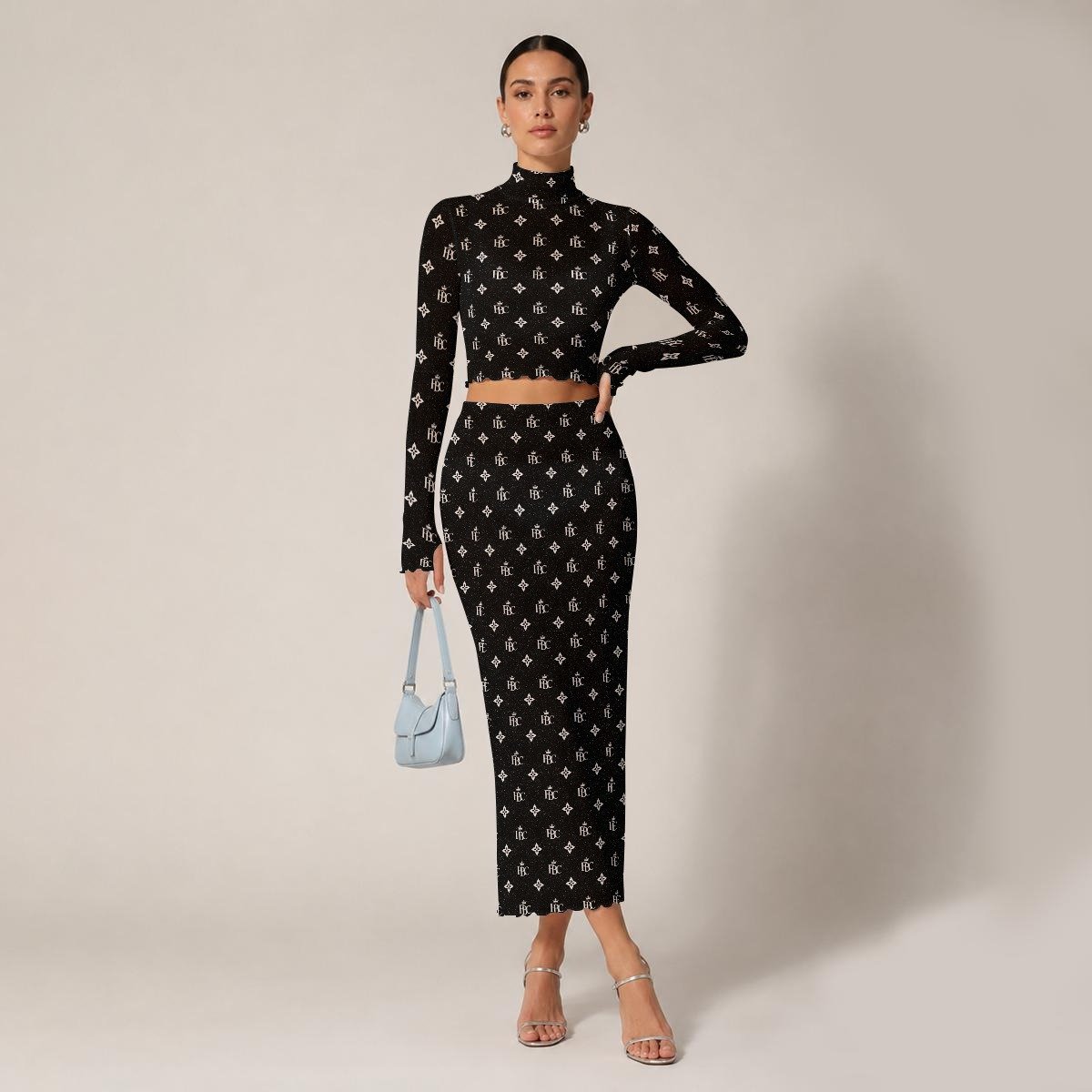 FullbreedCustom Print Women's High Neck Skirt Set With Thumb Hole