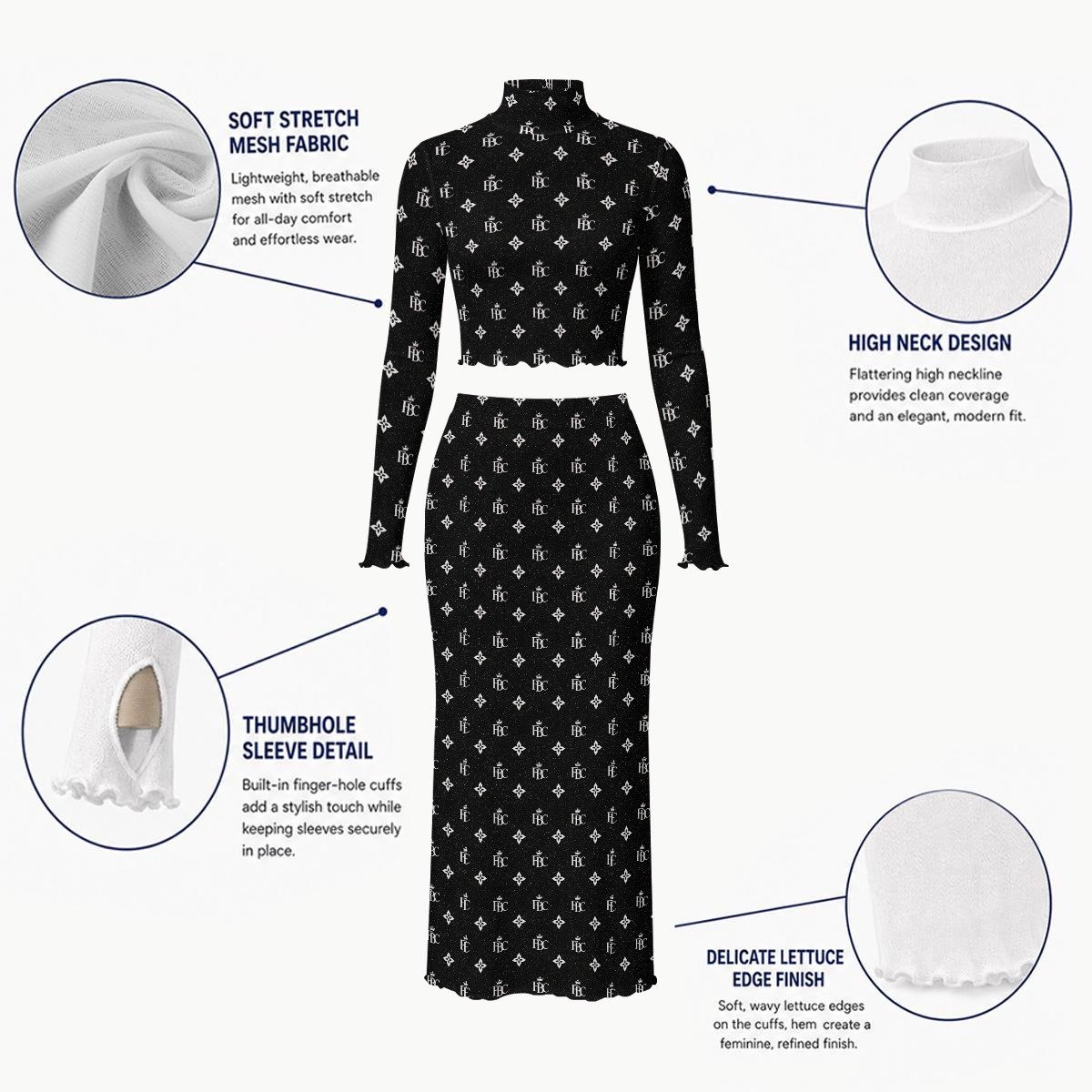 FullbreedCustom Print Women's High Neck Skirt Set With Thumb Hole - Image 7
