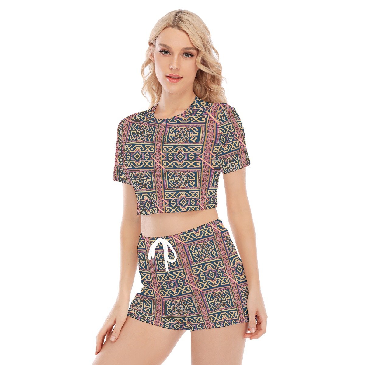 All-Over Print Women's O-neck T-shirt Shorts Suit - Image 2