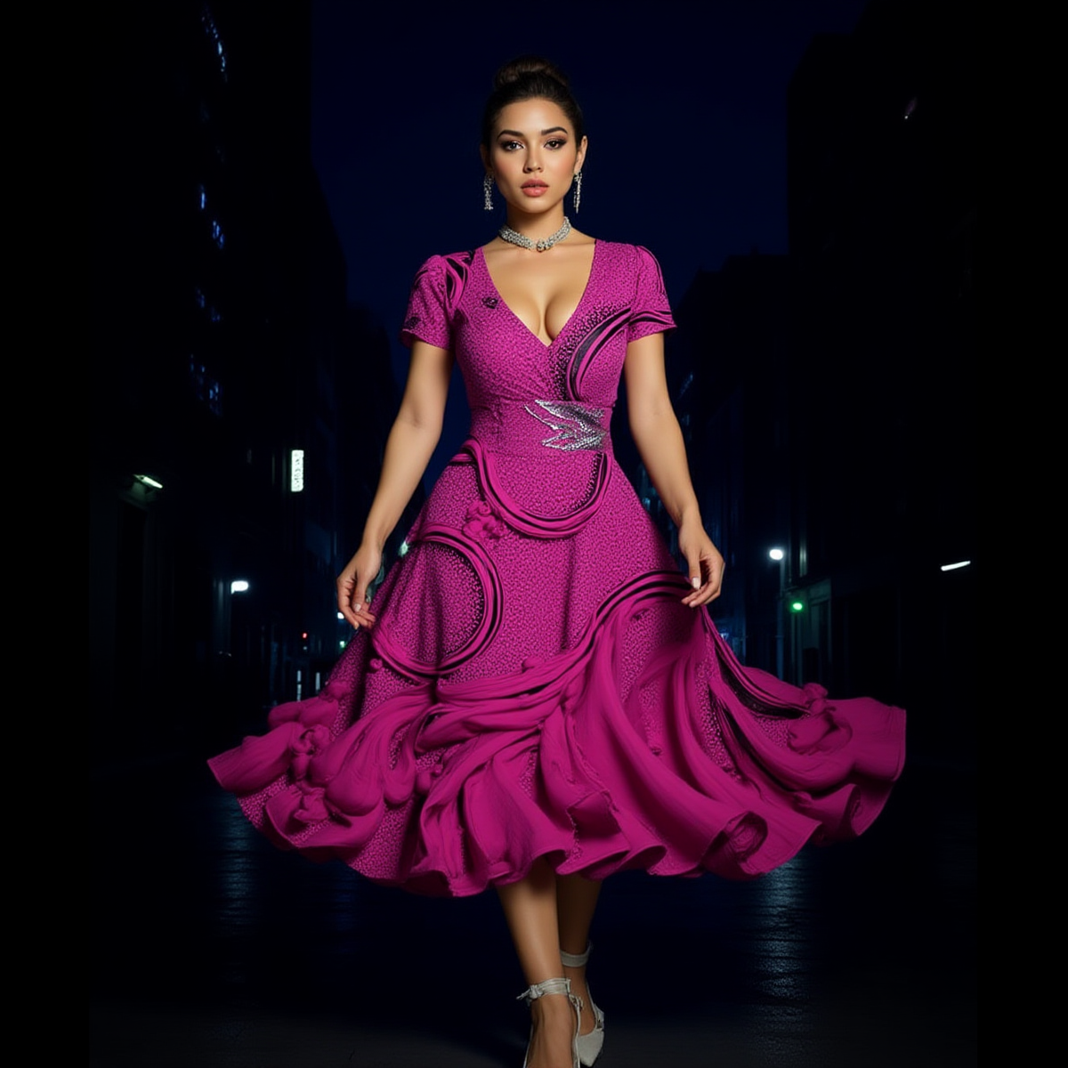 All-over Print Women's Short Sleeve V Neck Midi Dress - Image 3