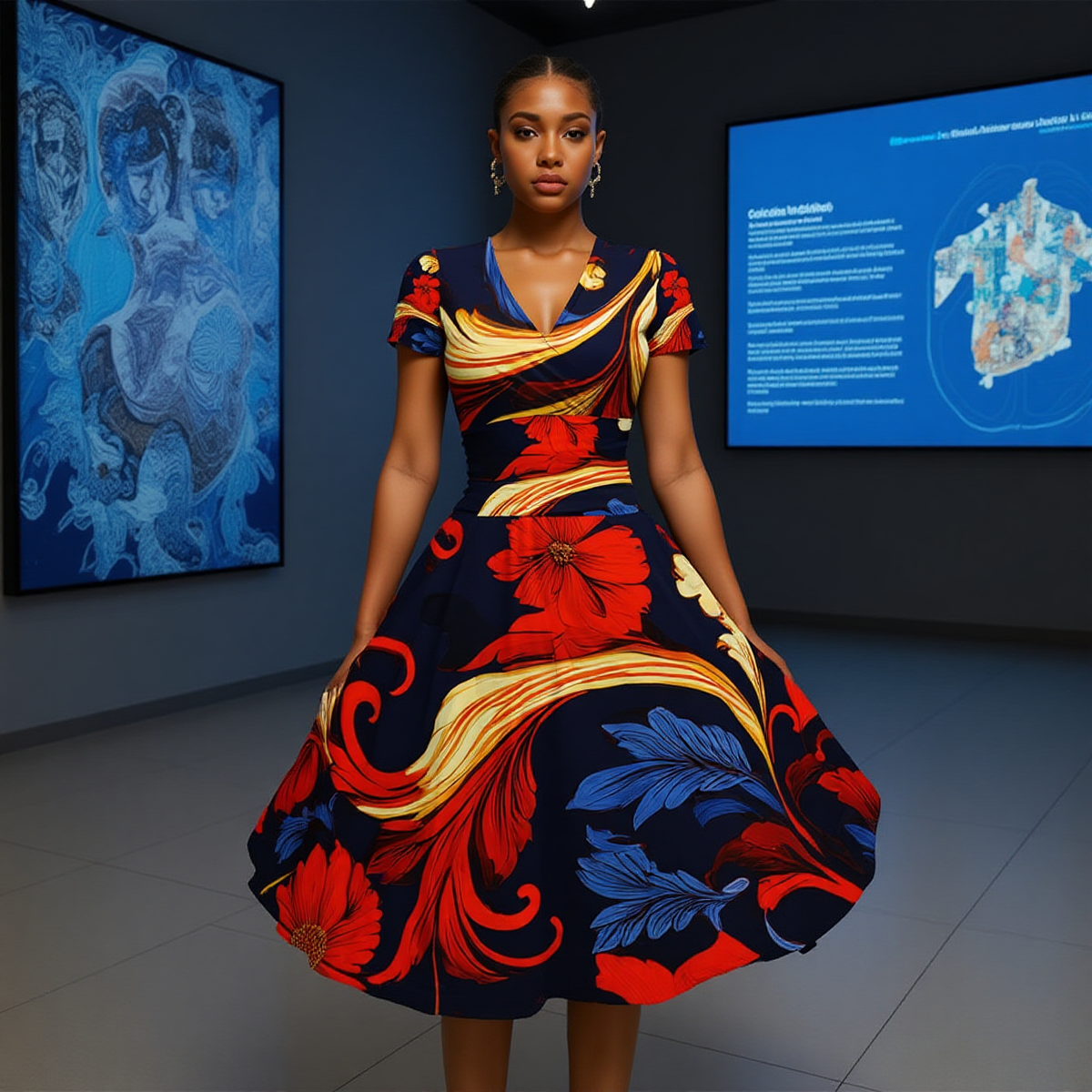 All-over Print Women's Short Sleeve V Neck Midi Dress