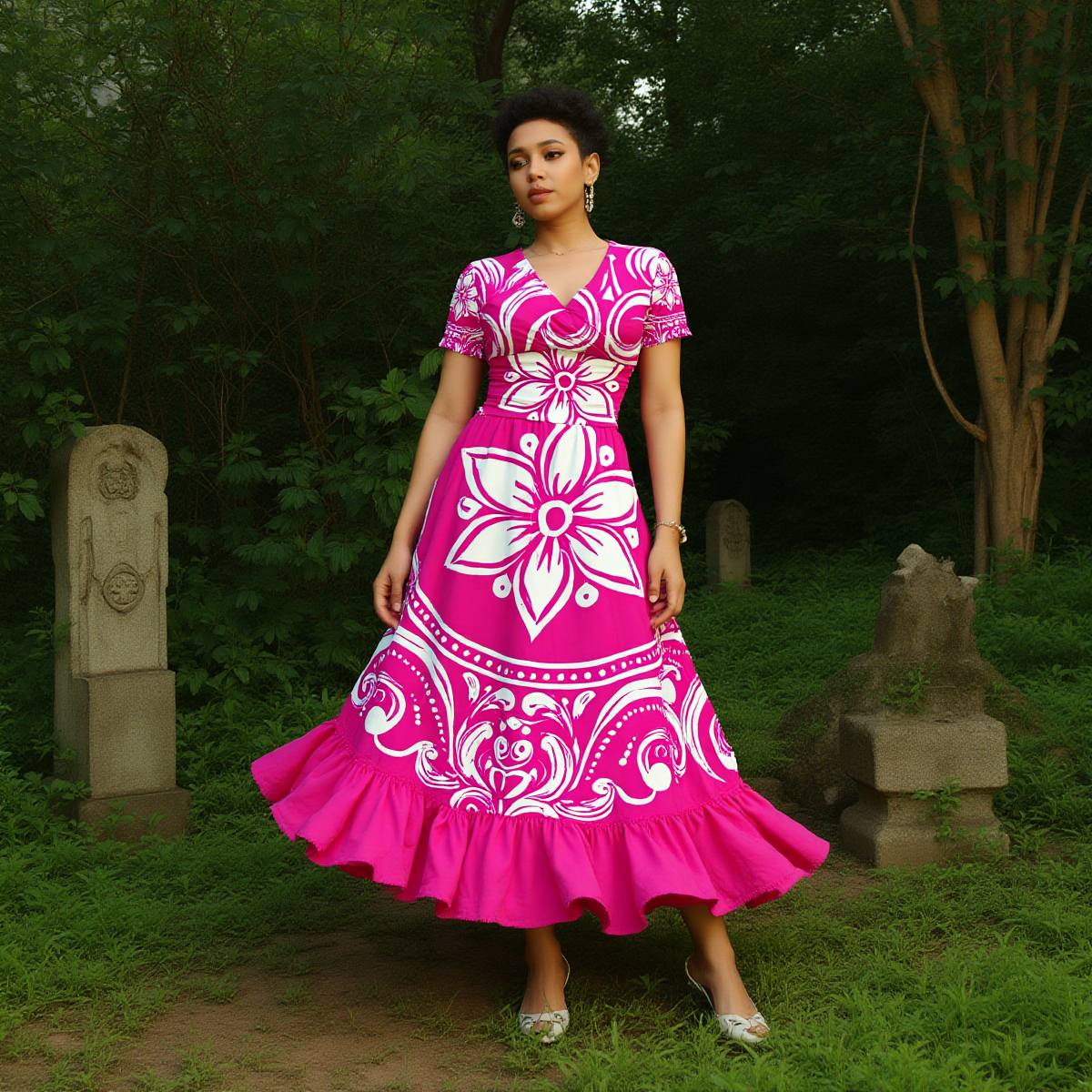 All-over Print Women's Short Sleeve V Neck Midi Dress - Image 3