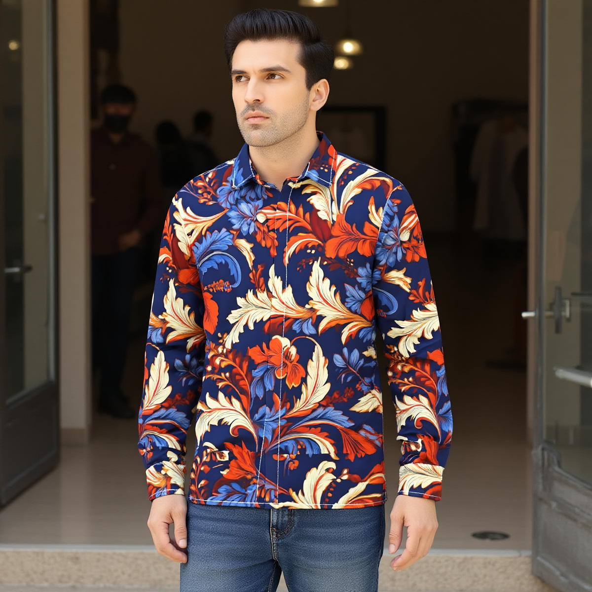 All-Over Print Men's Lapel Collar Shirt With Concealed Placket - Image 3